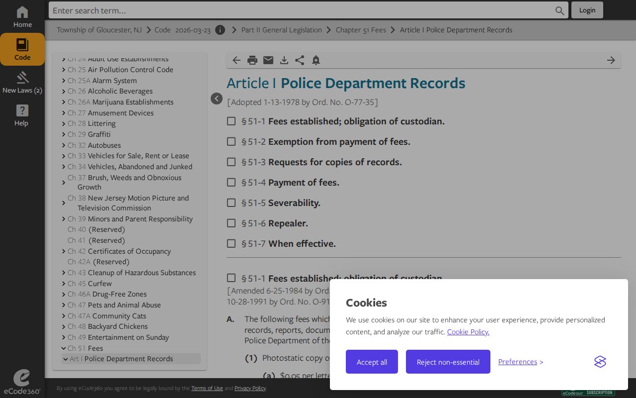 Gloucester Township Police Record Division fee ordinance for arrest records